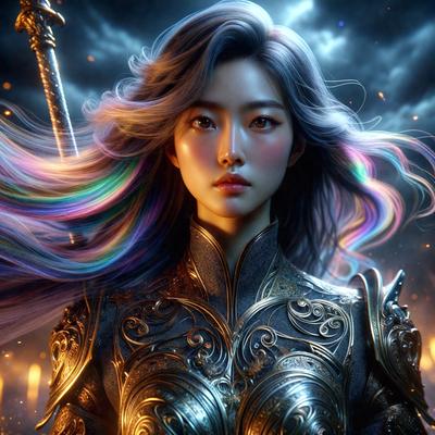 The primary subject of the image is a woman dressed in a medieval-style armor, with a sword in her hand. She has long, flowing hair and is wearing a helmet. The setting is a dark, dramatic environment, with a cloudy sky visible in the background. The visual style is a digital art or illustration, with a focus on the woman's armor and the sword she is holding. The colors and mood of the image are dark and intense, with the woman's armor and the sword creating a sense of power and strength.